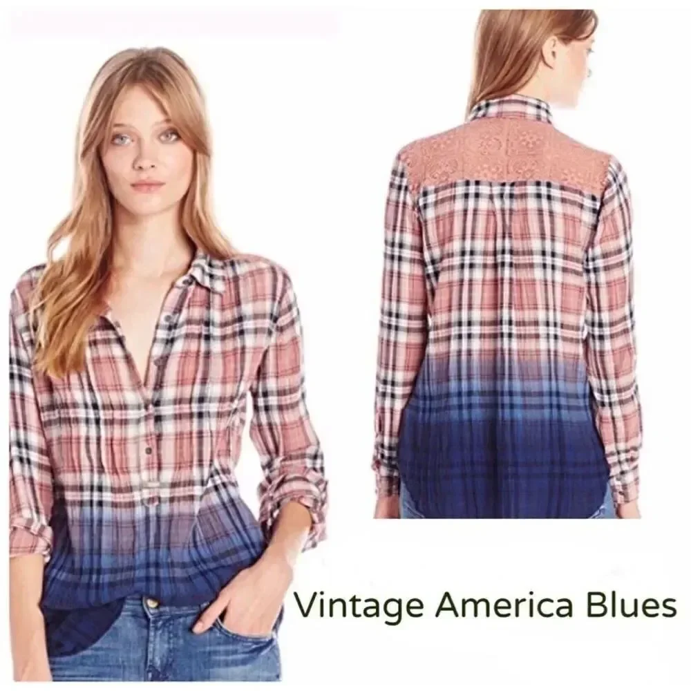 Womens Vintage America Blues Sunset Creek Ombre Lace Back Button Down Shirt - M